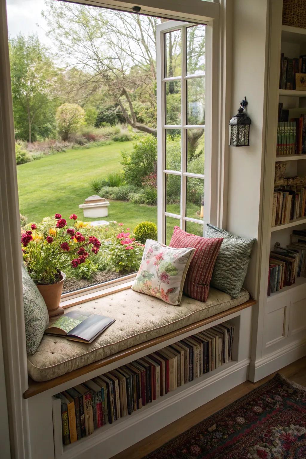 Abundant sunlight and captivating views render bay windows perfect for reading.
