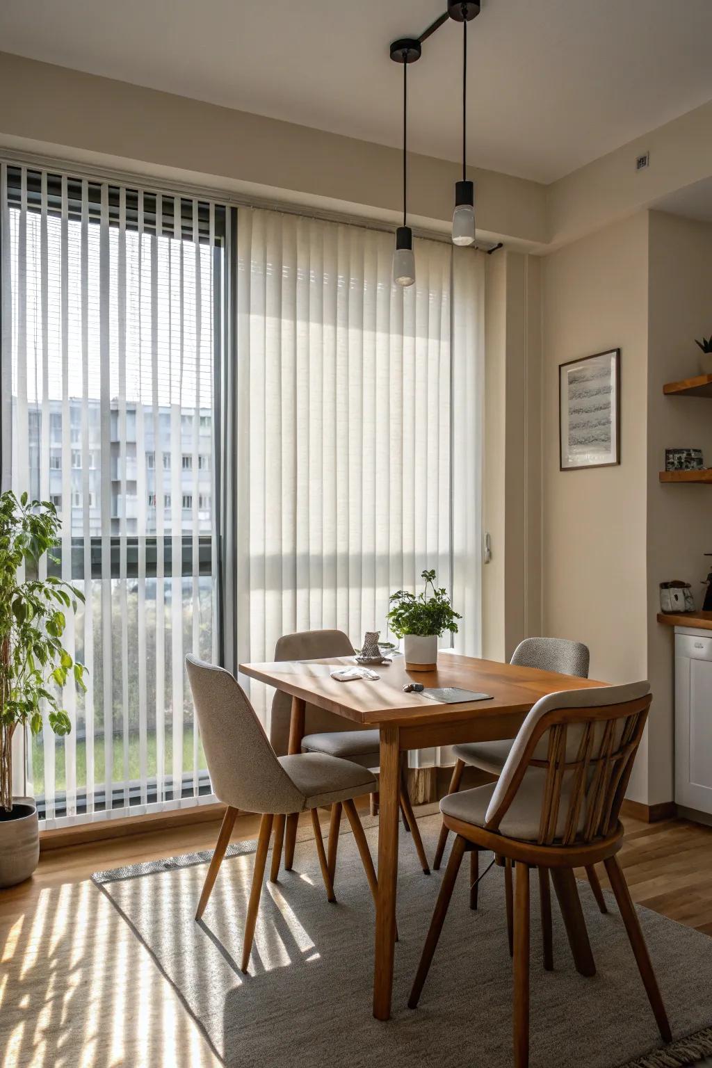 Linear blinds contribute a polished, modern element to larger windows.