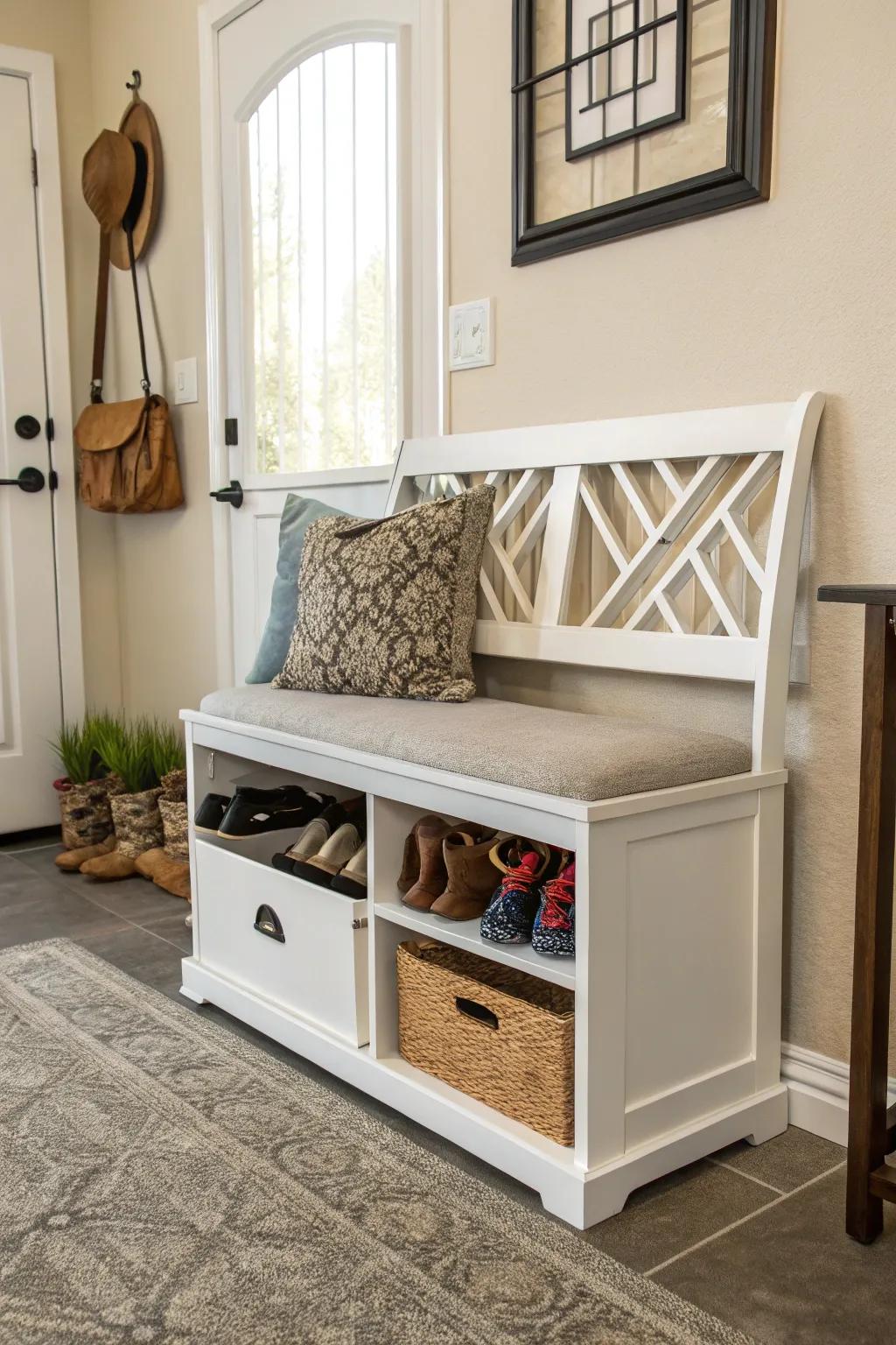 Benches with concealed storage offer seating and organization.