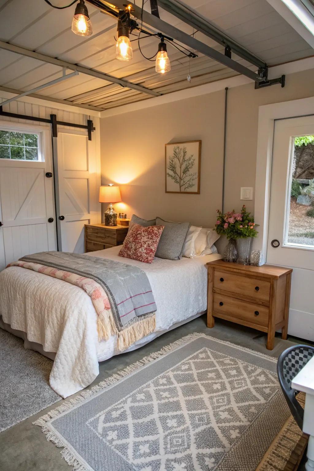 A small garage converted into a warm, welcoming guest suite.