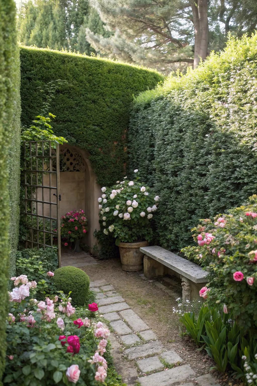Taller hedges fashioning a secluded garden haven.