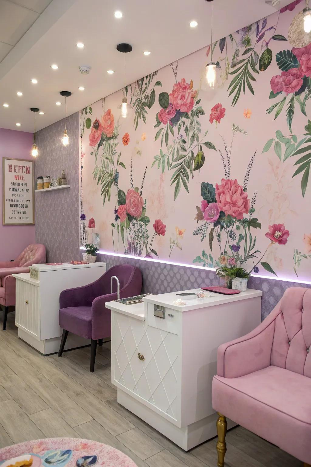 Vibrant wallpaper infuses vitality into the ambiance.