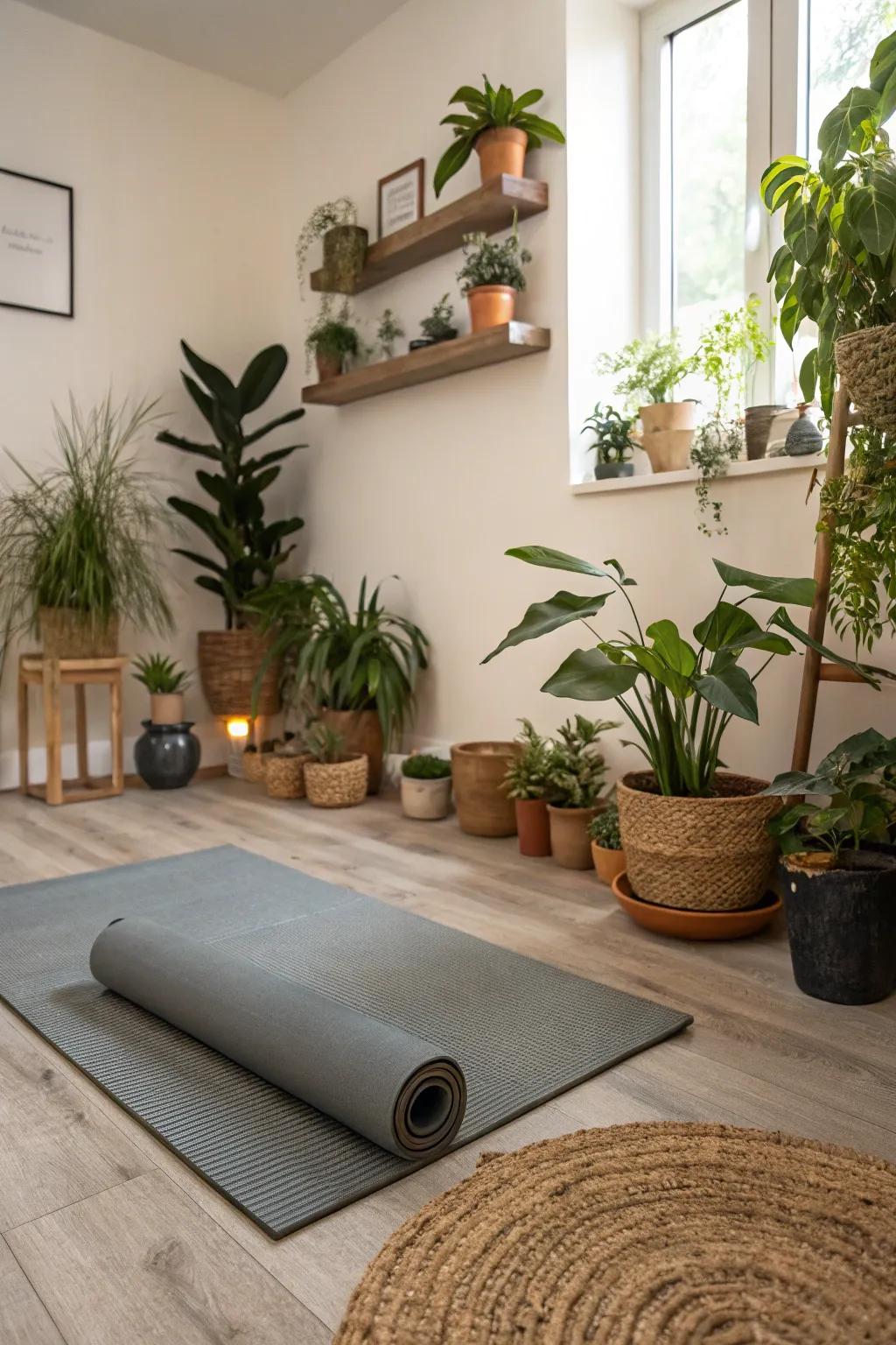 Yoga room corner with potted plants adding a natural touch.