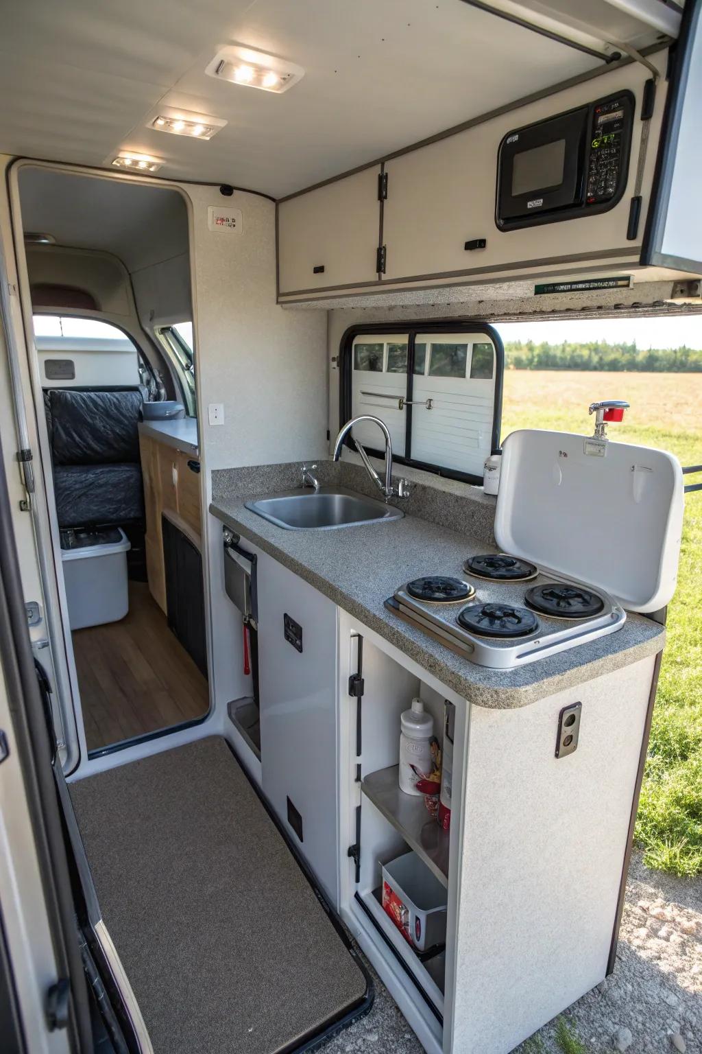 A compact cooking space allows for straightforward meal preparation on the move.