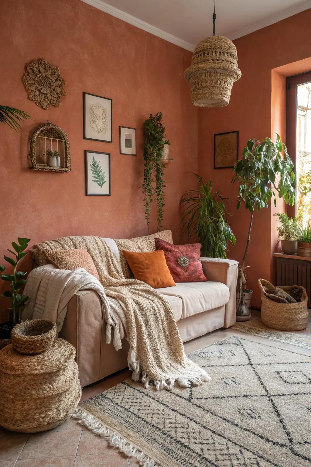 A small living room with terracotta walls creating warmth.