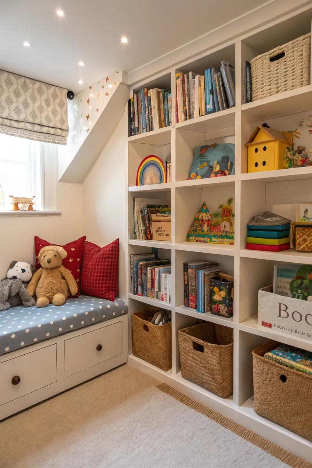 Integrated shelving offers ample storage while maintaining a tidy room.