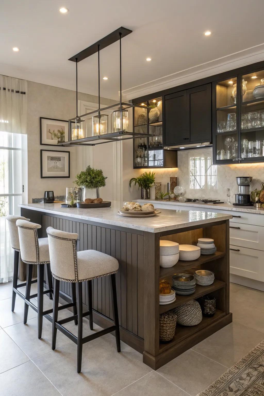 A multifunctional kitchen island functioning as a preparation zone and dining spot.