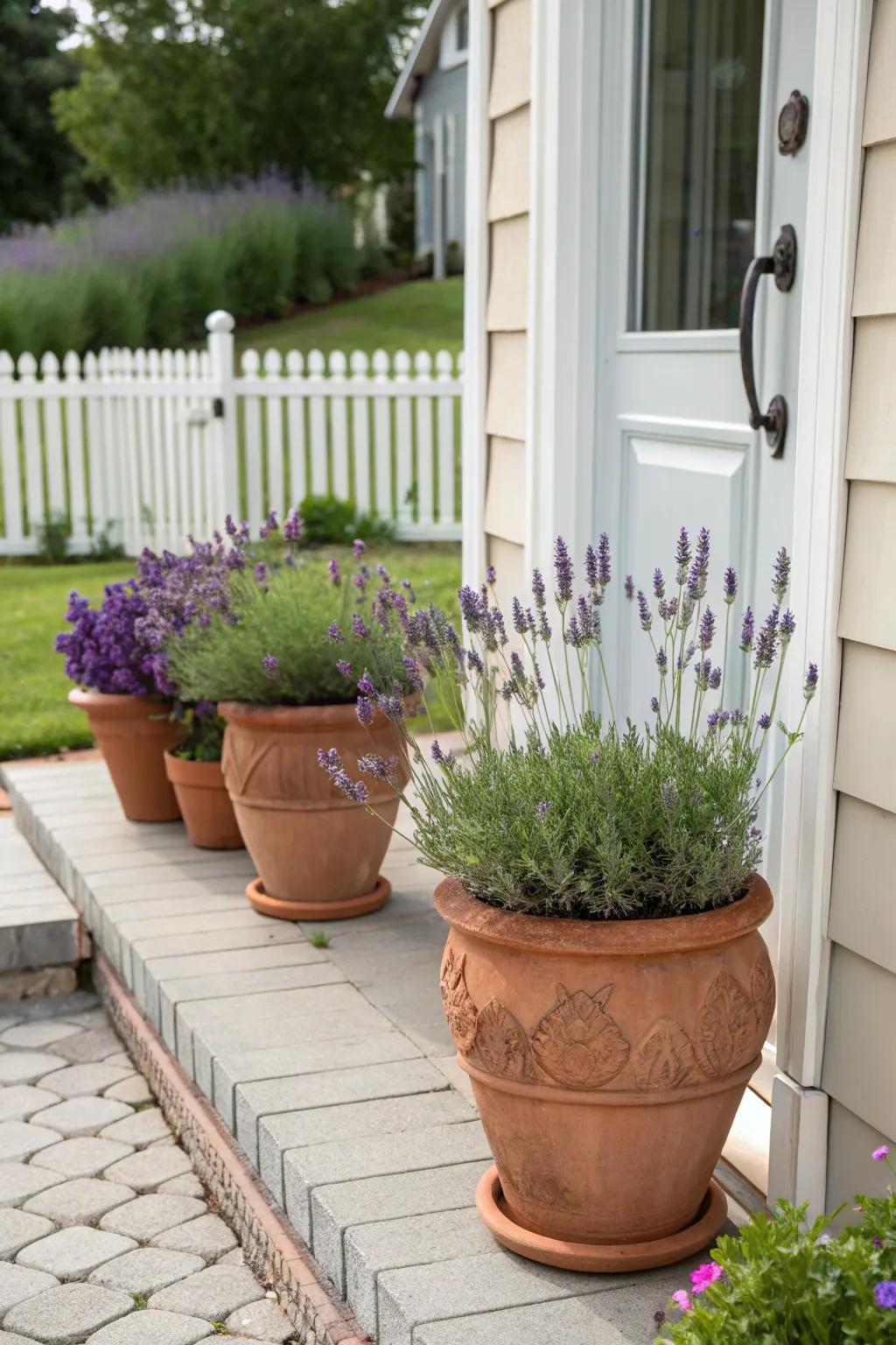 Lavender pots enhance every entry with a dash of refinement.