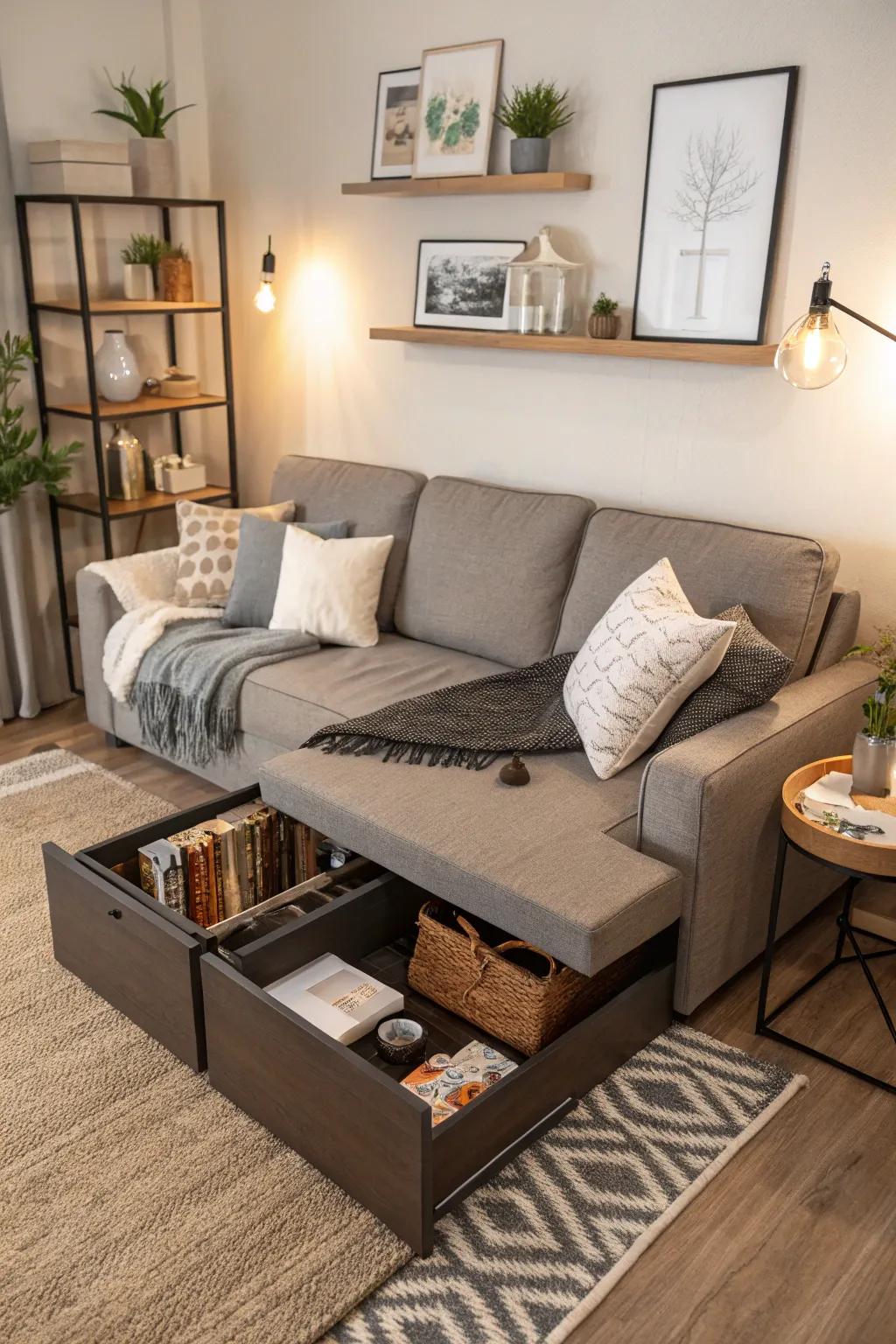 Multi-functional furnishings designed to conserve space.
