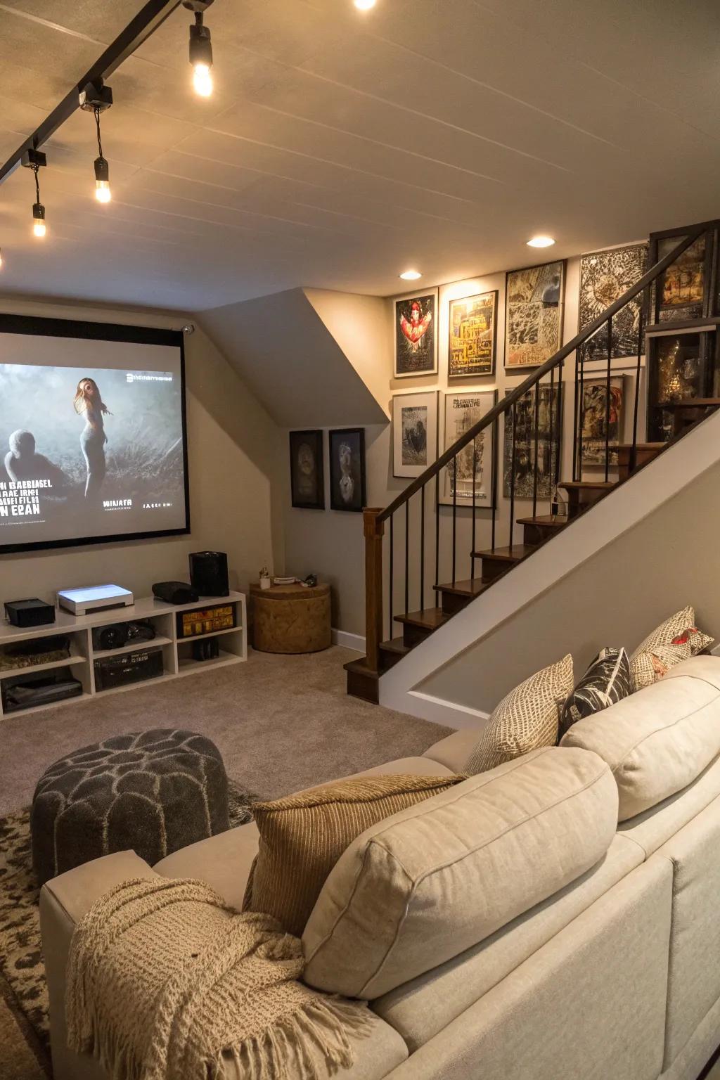 An enchanting film space tucked away under the staircase.