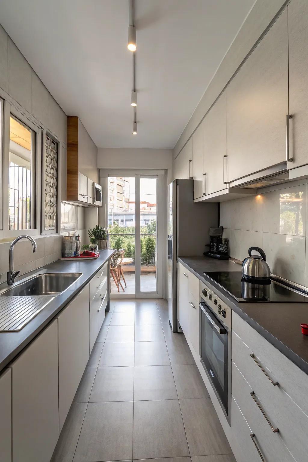 A streamlined design transforms this confined kitchen into a practical workspace.