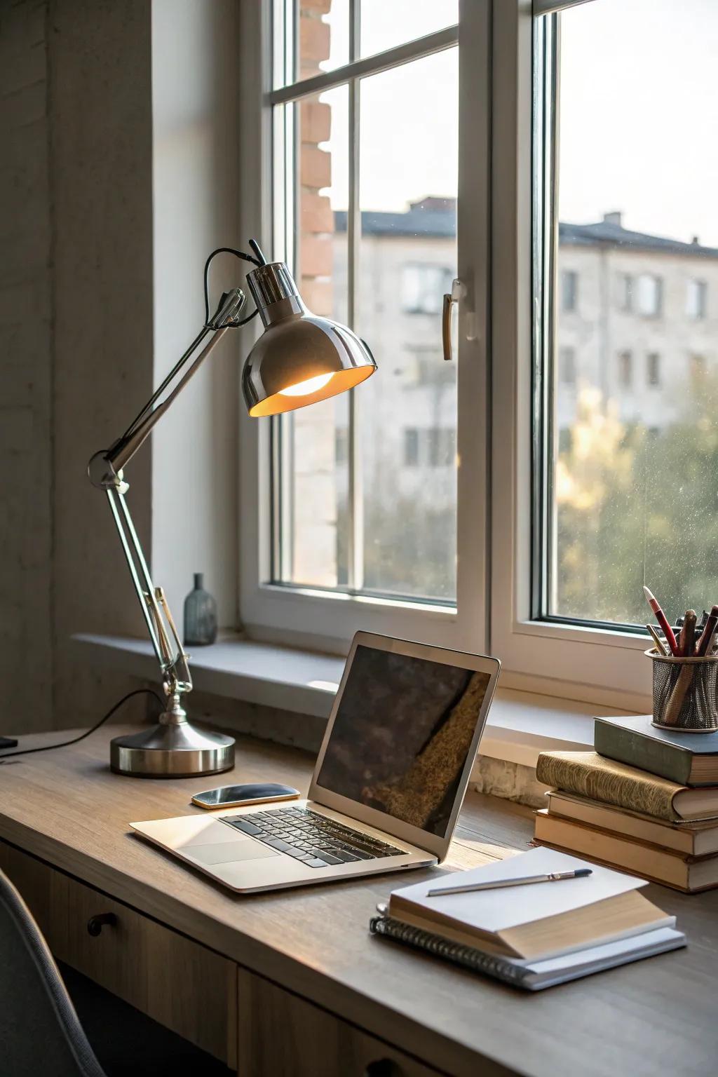 A balance of natural and artificial lighting enriches the feel of a small workspace.