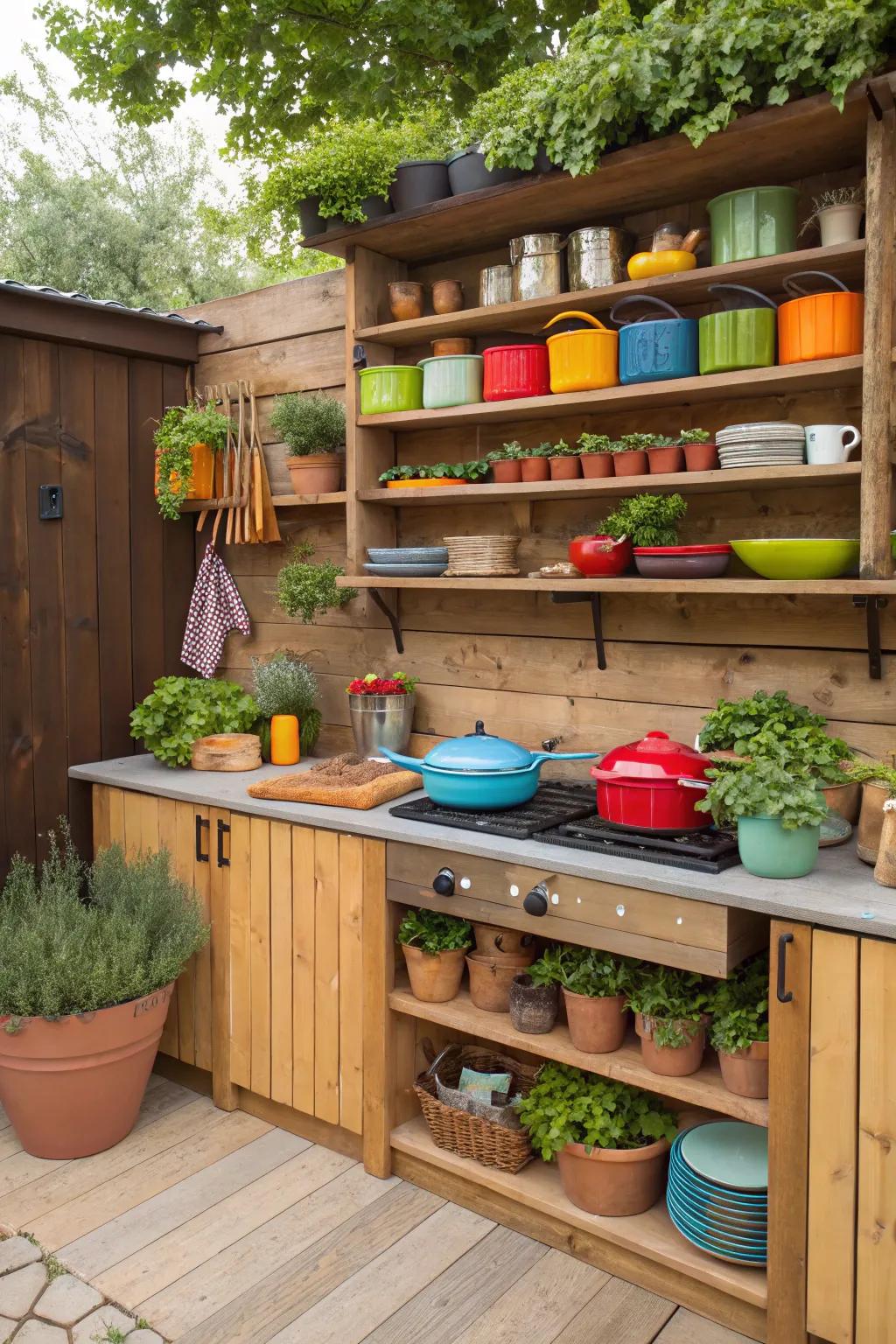 Uncovered shelving offers both storage and aesthetic appeal.