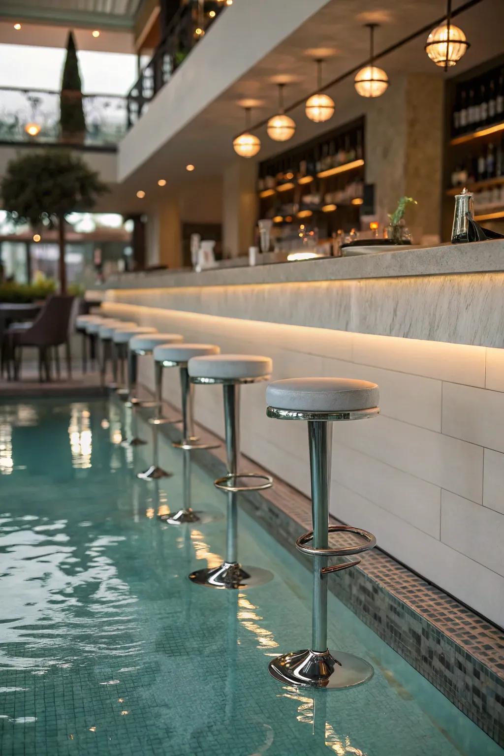 Submerged seating provides a luxurious aquatic experience without needing to exit the water.
