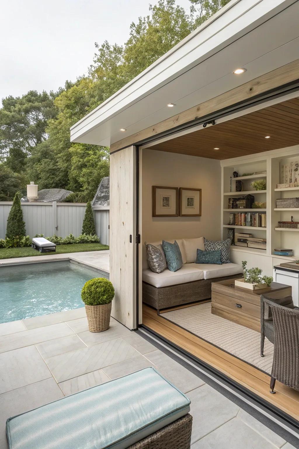 A compact pool house designed as a secluded retreat.