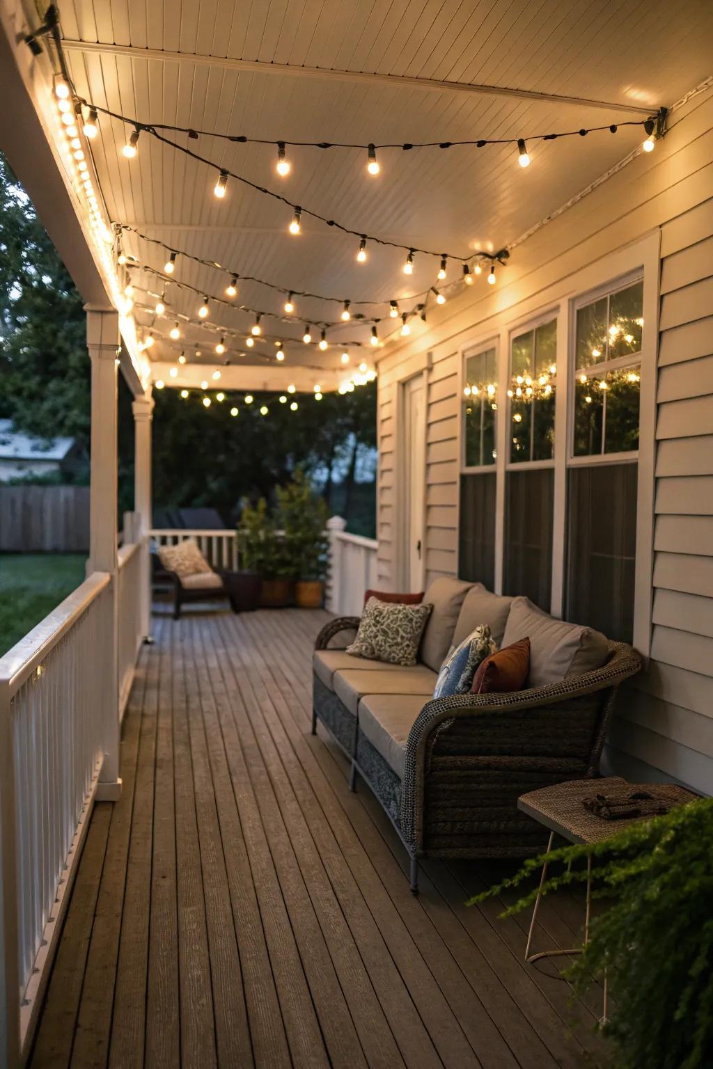 A side porch softly aglow under the tender twinkle of suspended lights.