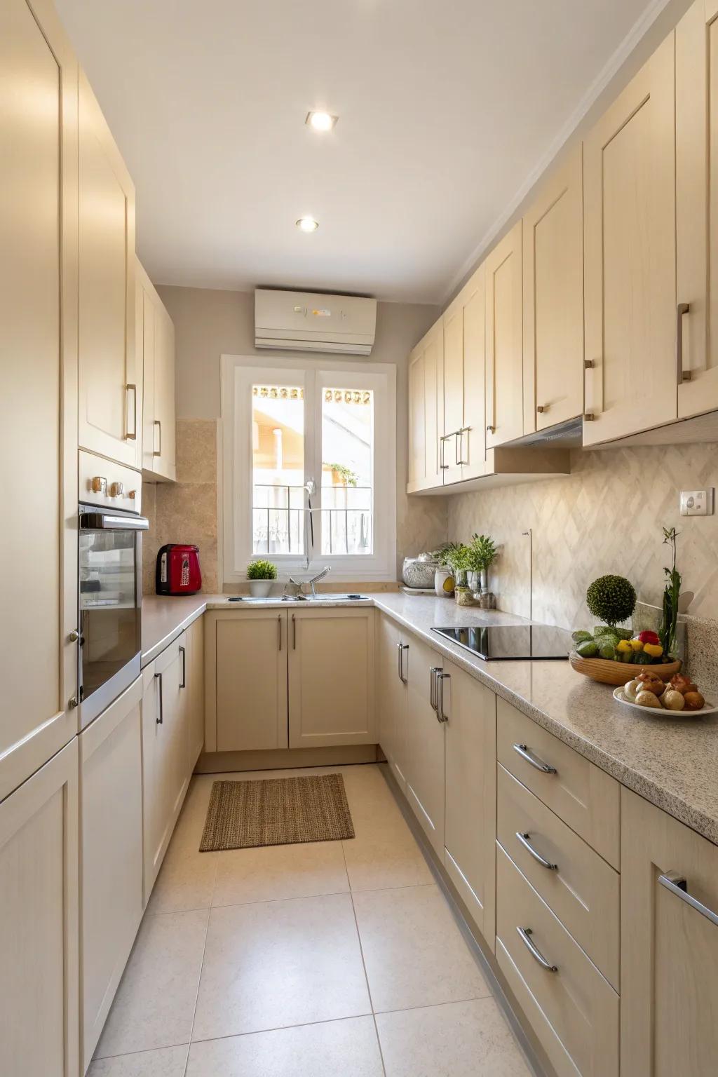 Subdued tones establishing a vibrant and spacious impression within a compact kitchen setting.