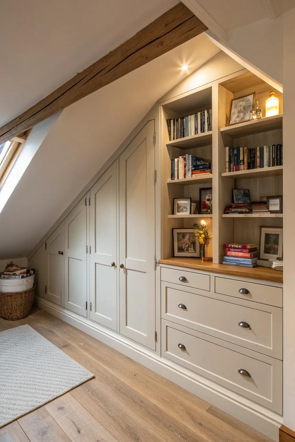 Built-in cabinets transform the space into a real storage wonder.