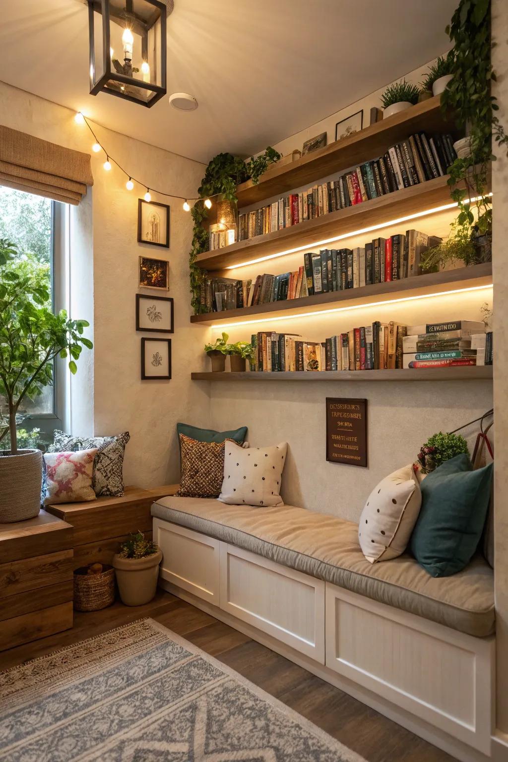 Wall mounted display in a snug corner, ideal for showcasing books and decorations.