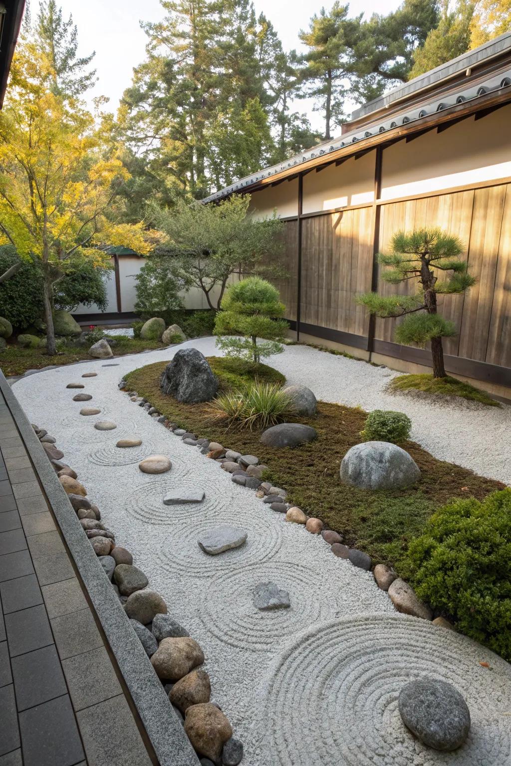 A serene Zen garden showcasing small rocks and a soothing layout.