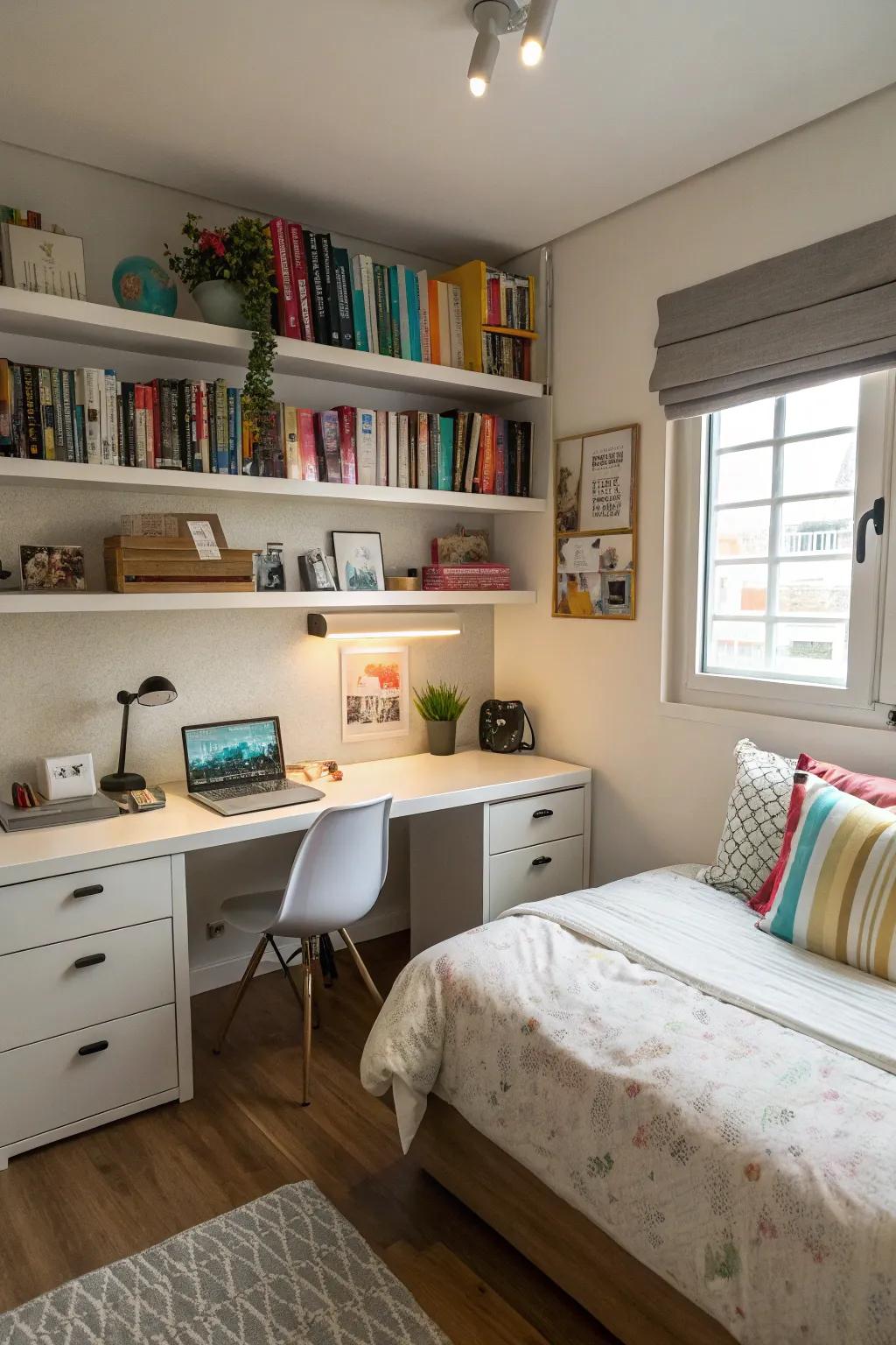 Hovering shelves grant chic organizing solutions without consuming ground area.