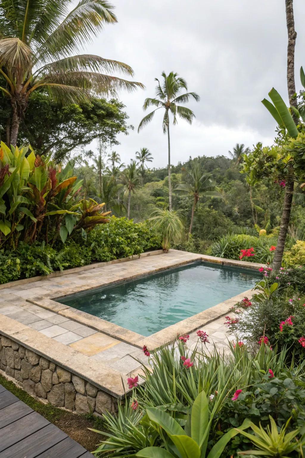 Natural stone compositions bestow a grounded and harmonious aesthetic to your tropical pool milieu.