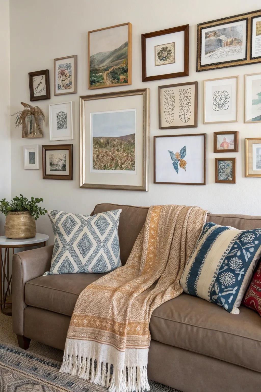 A snug living area wall showcasing layered art pieces.