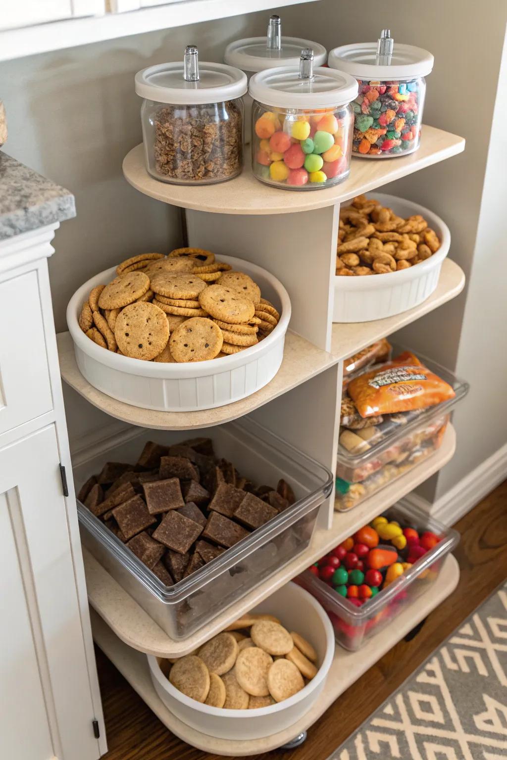 Tiered retention maximizes available space and systematizes snack arrangement.