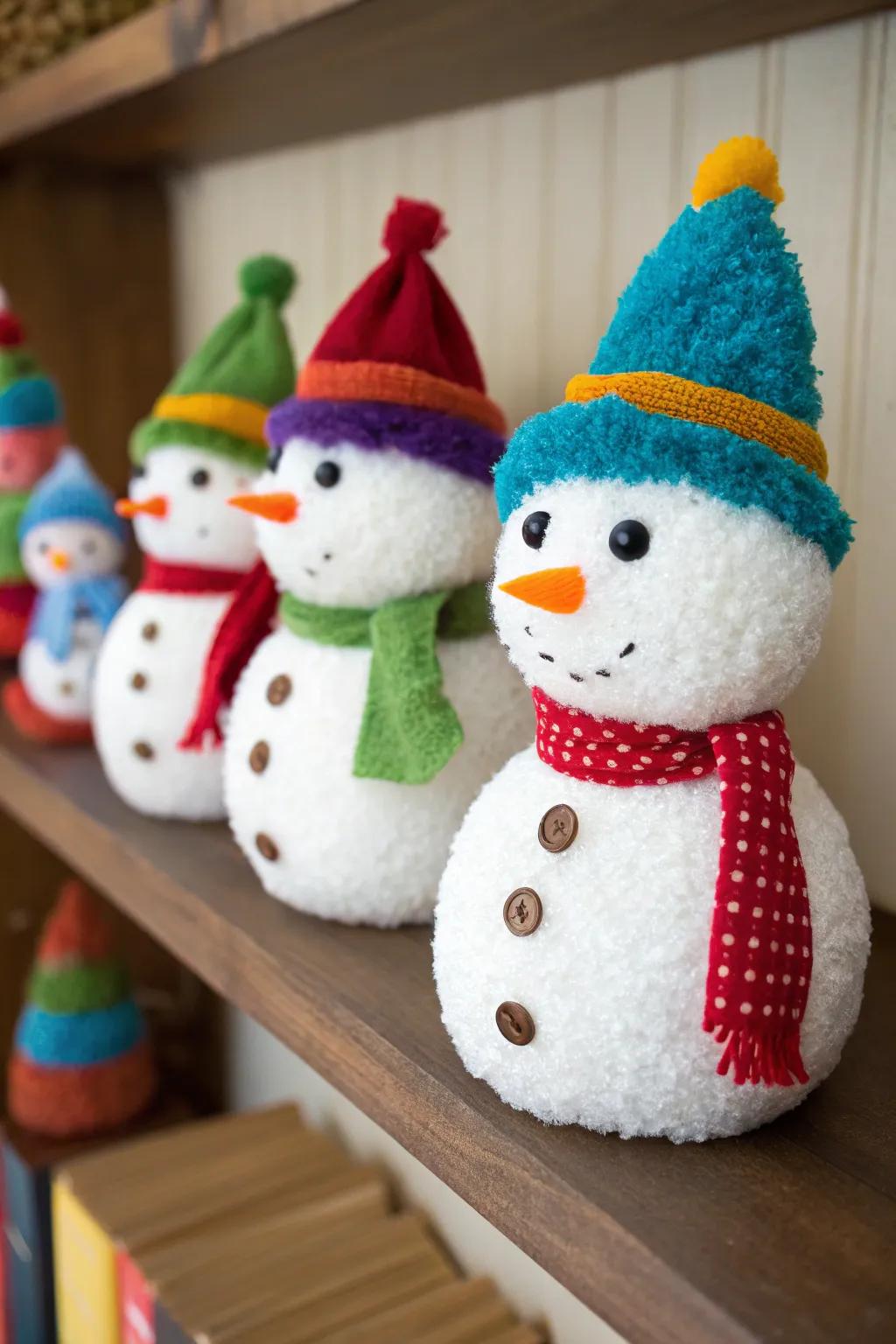 Cheerful pom pom snowmen ready to brighten up your space.