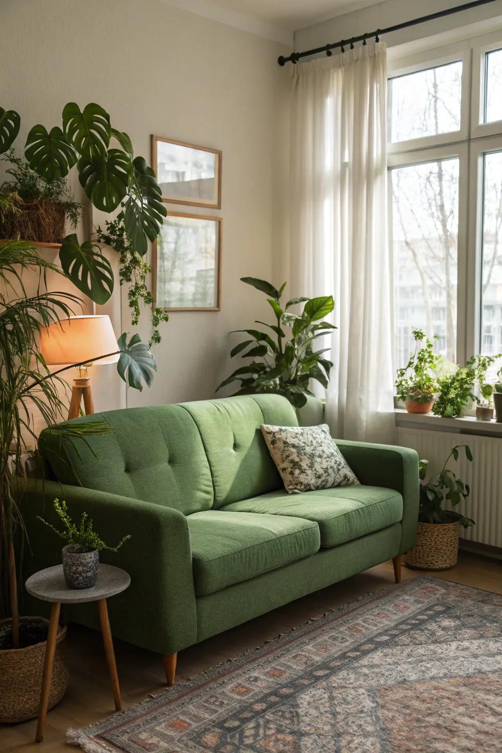 A green sofa paired with indoor plants brings nature indoors.