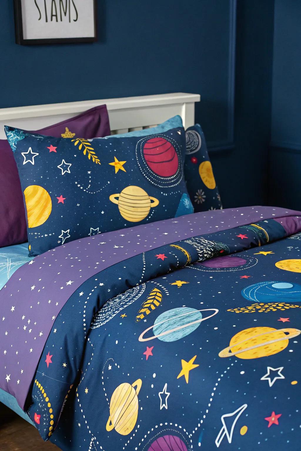 Bedding featuring planets enlivens the motif with radiant hues and patterns.