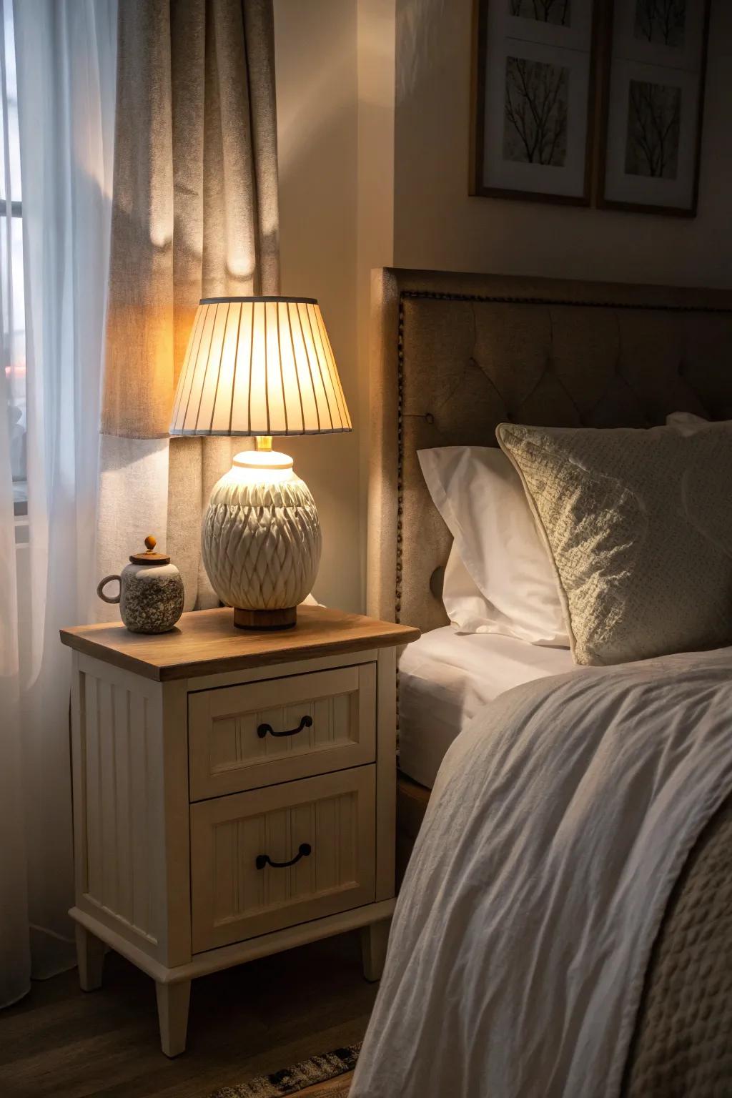 Establish a serene atmosphere with soft, calming lighting.