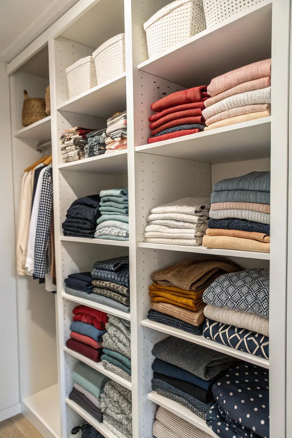 Shelf separators sustain closet tidiness by averting the commingling and toppling of piles.