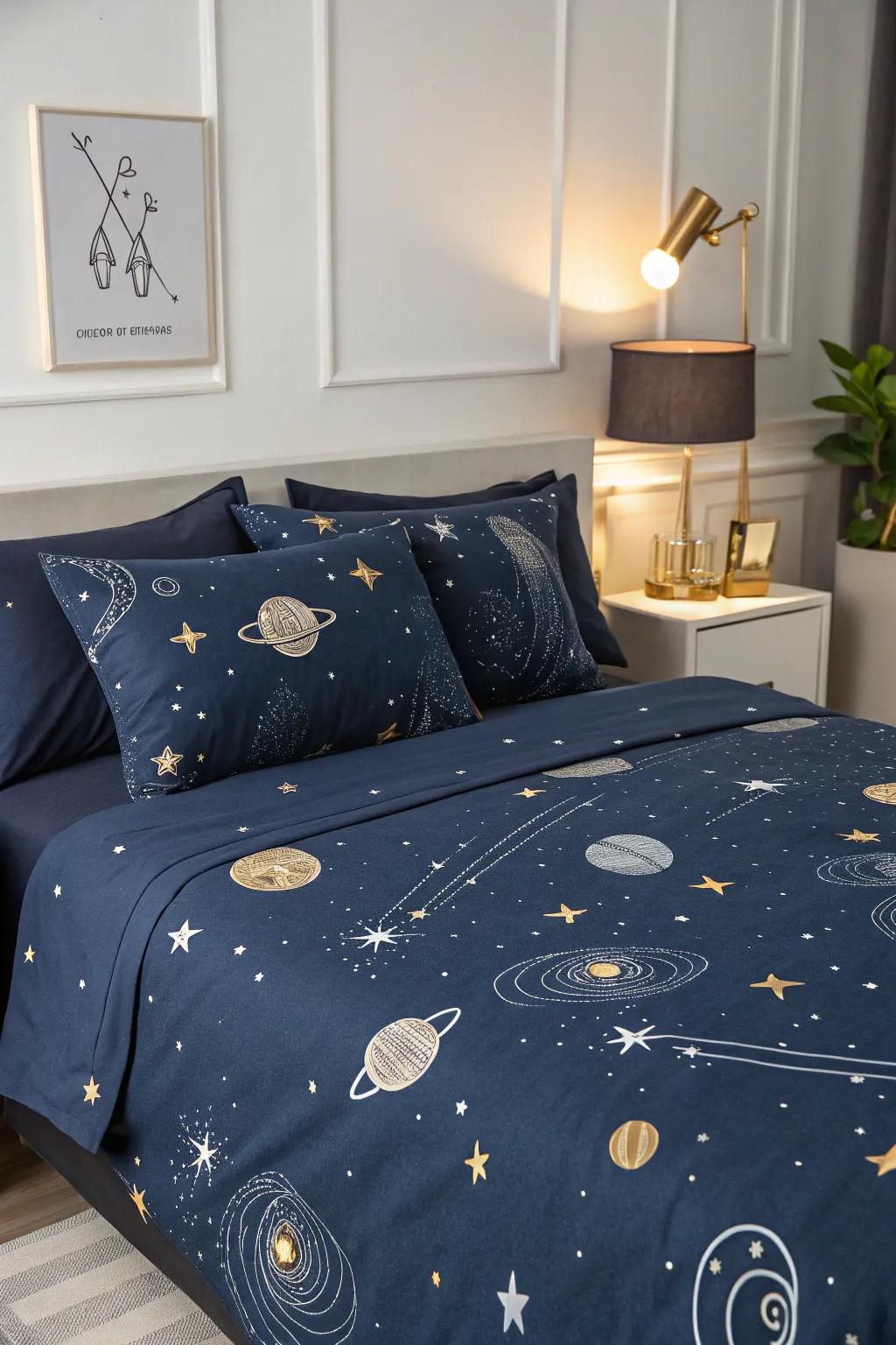Space-themed bedding contributes a celestial element to your sleep space.