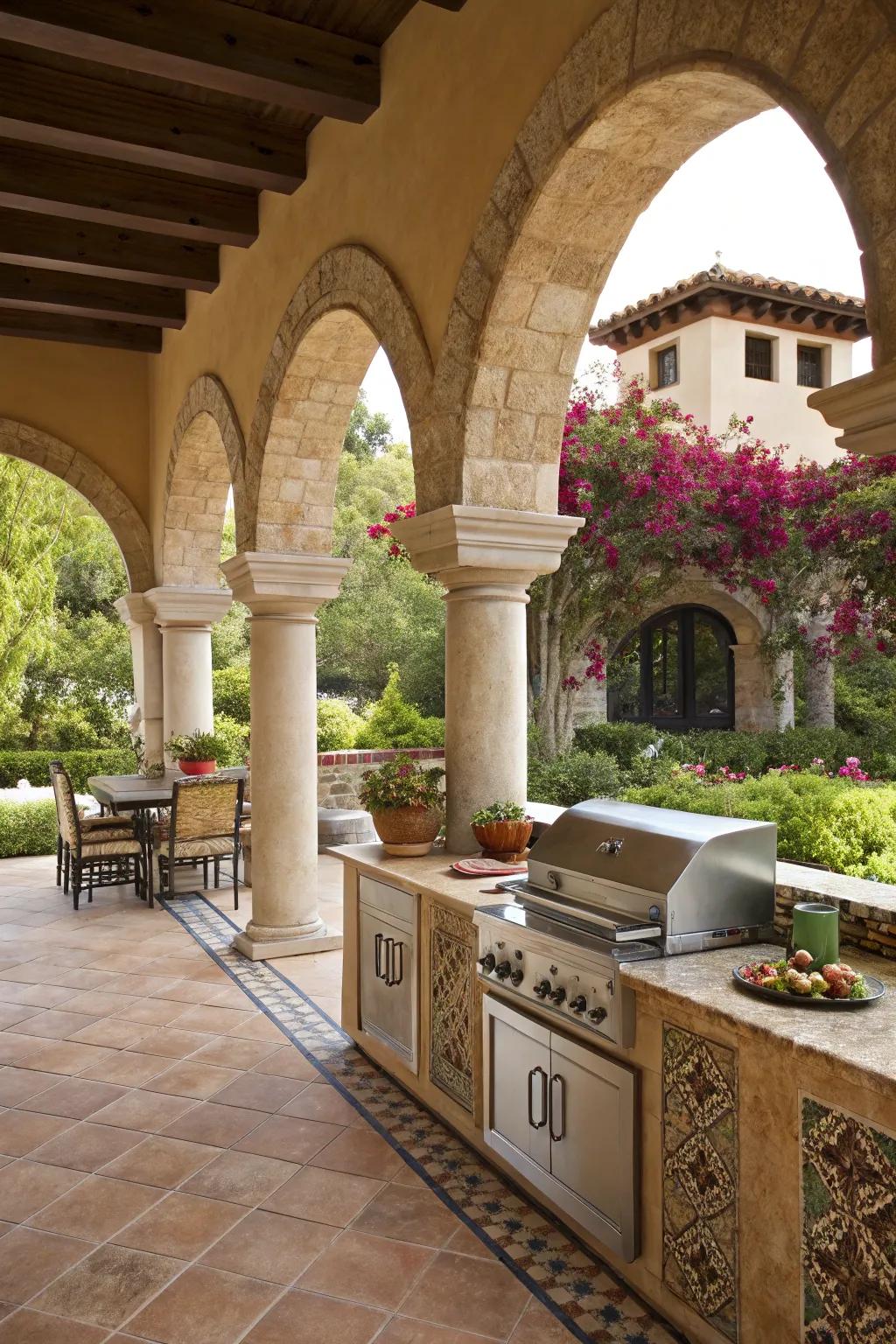 Elegant curves and pillars impart a classic Spanish charm to this outdoor kitchen.