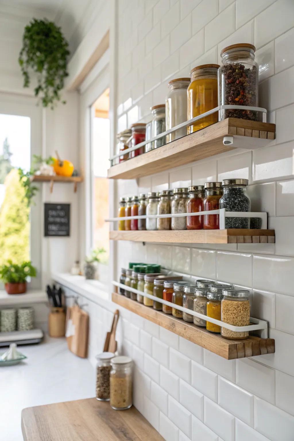 A spice exhibit that enhances kitchen aesthetics through floating shelves.