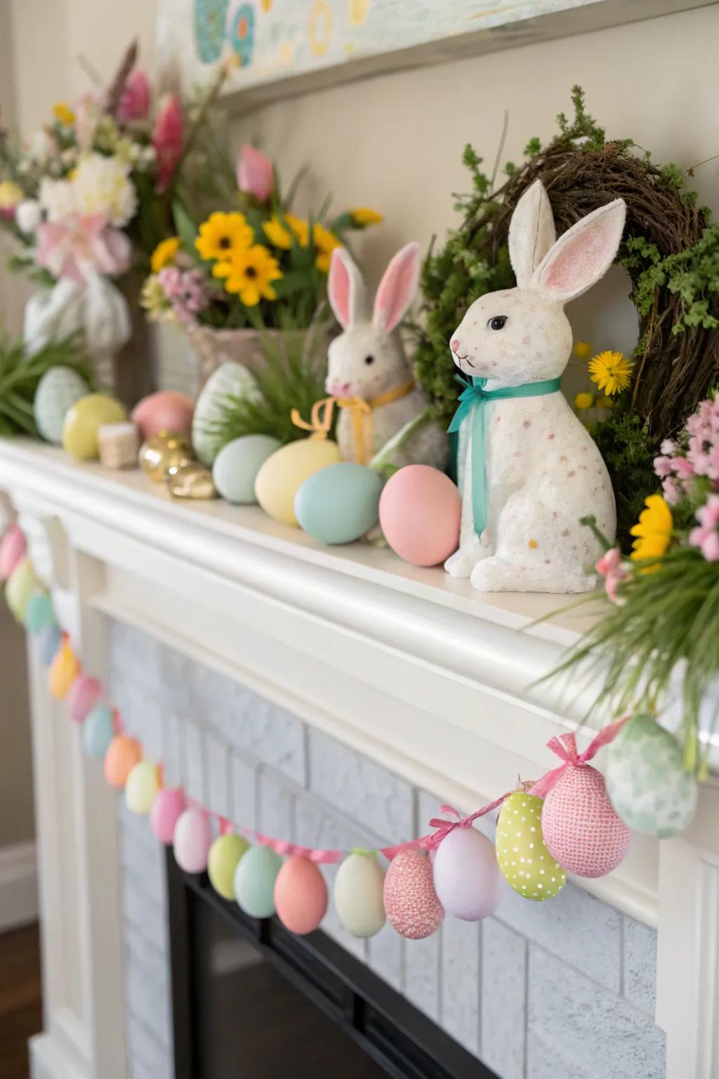 Delightful bunny statuettes spreading Easter joy on the mantel.