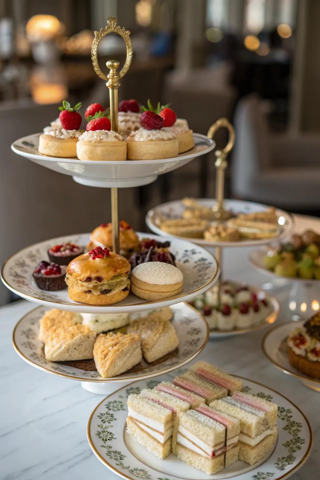 Graceful multi-tiered platforms contribute sophistication to your tea party display.