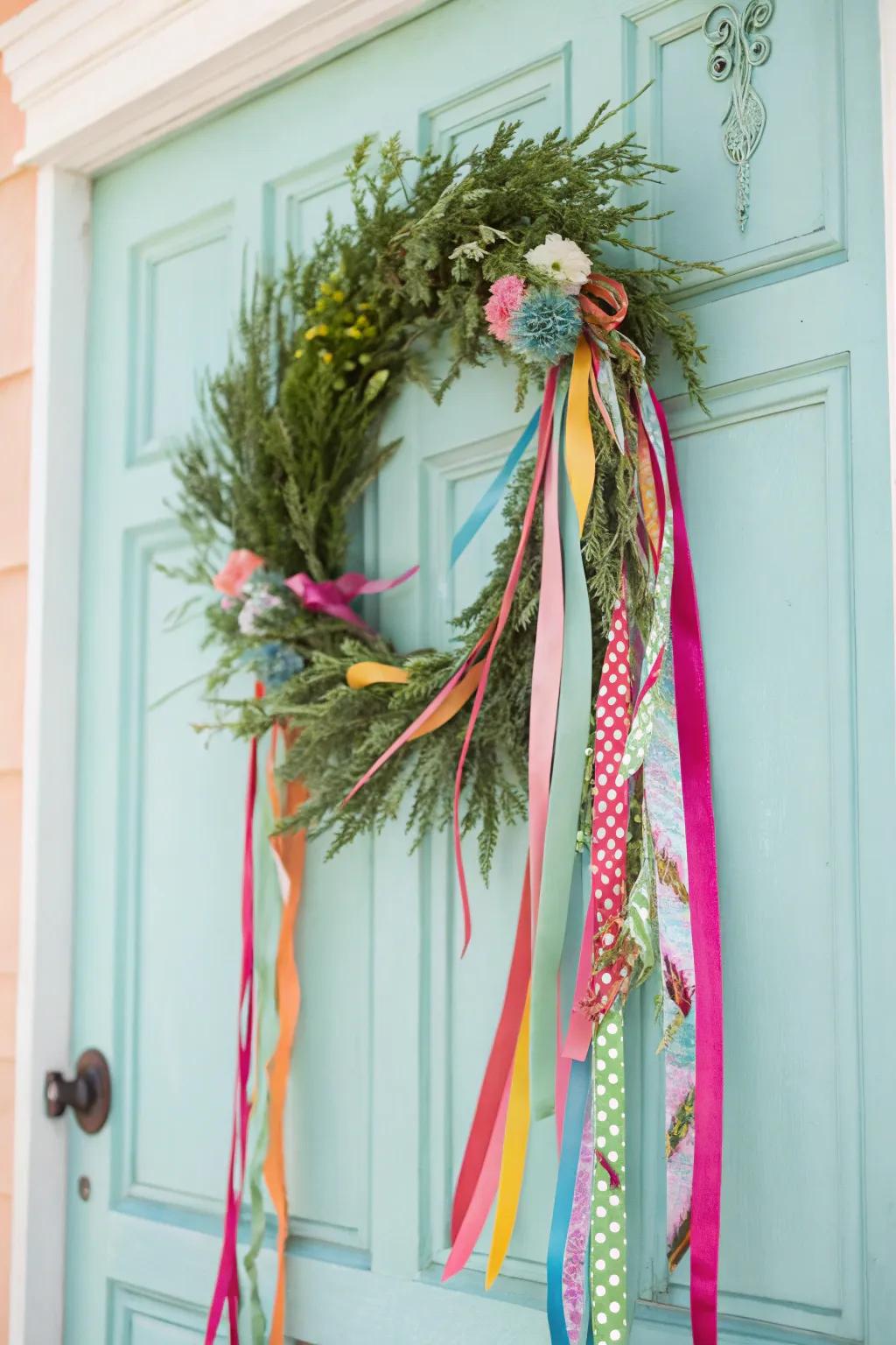 Ribbons imparting a whimsical touch to your spring wreath.