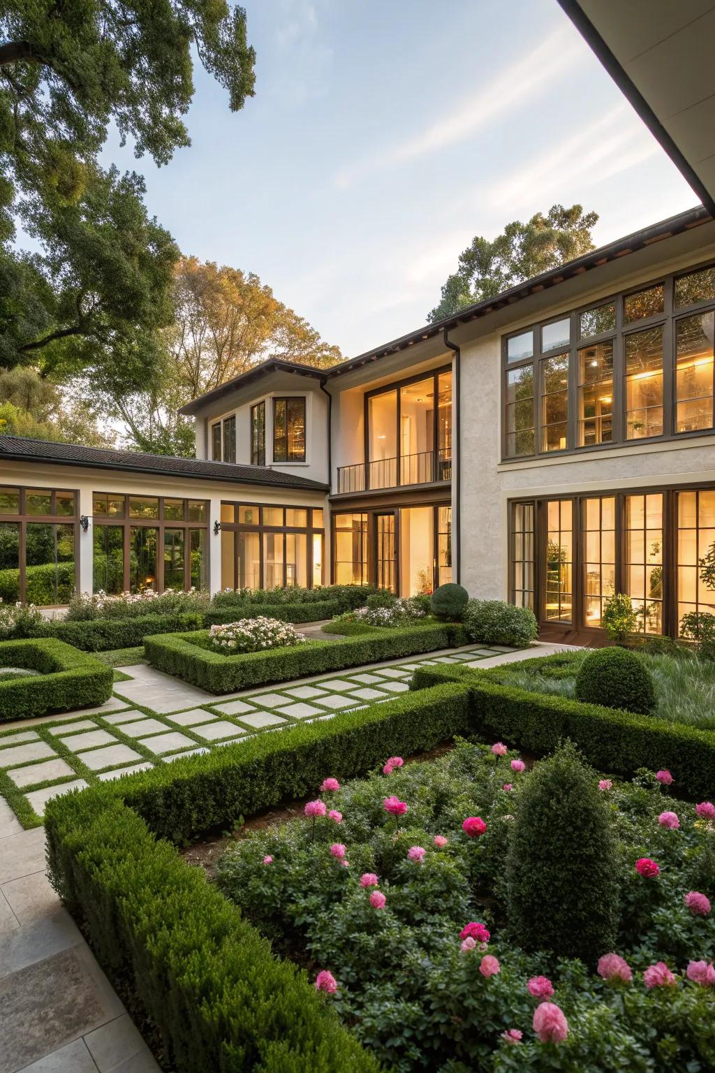 A serene interior garden situated at the core of a square-designed house.