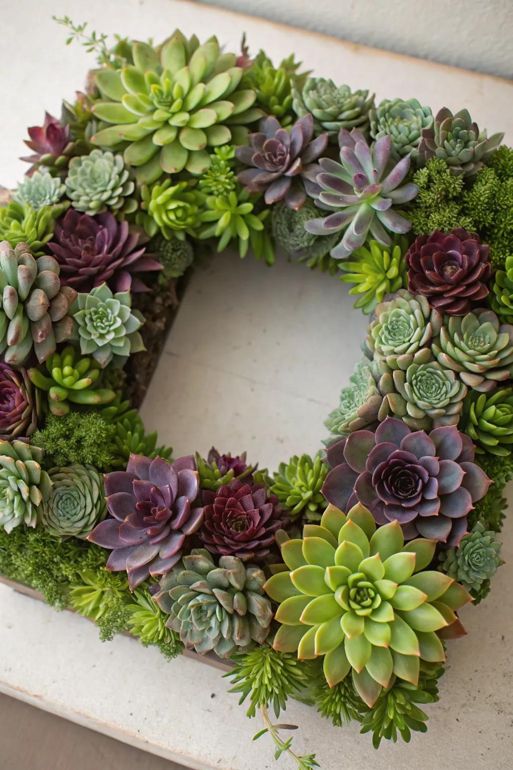 Succulent square wreaths are a low-upkeep, contemporary décor option.