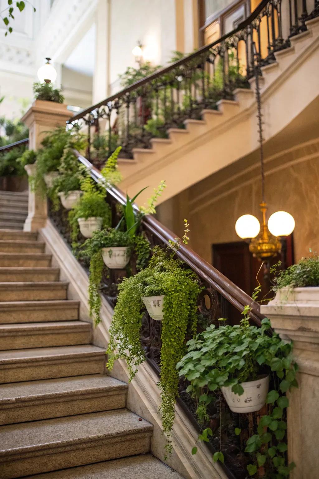 To achieve a refreshing staircase, think about adding natural elements.
