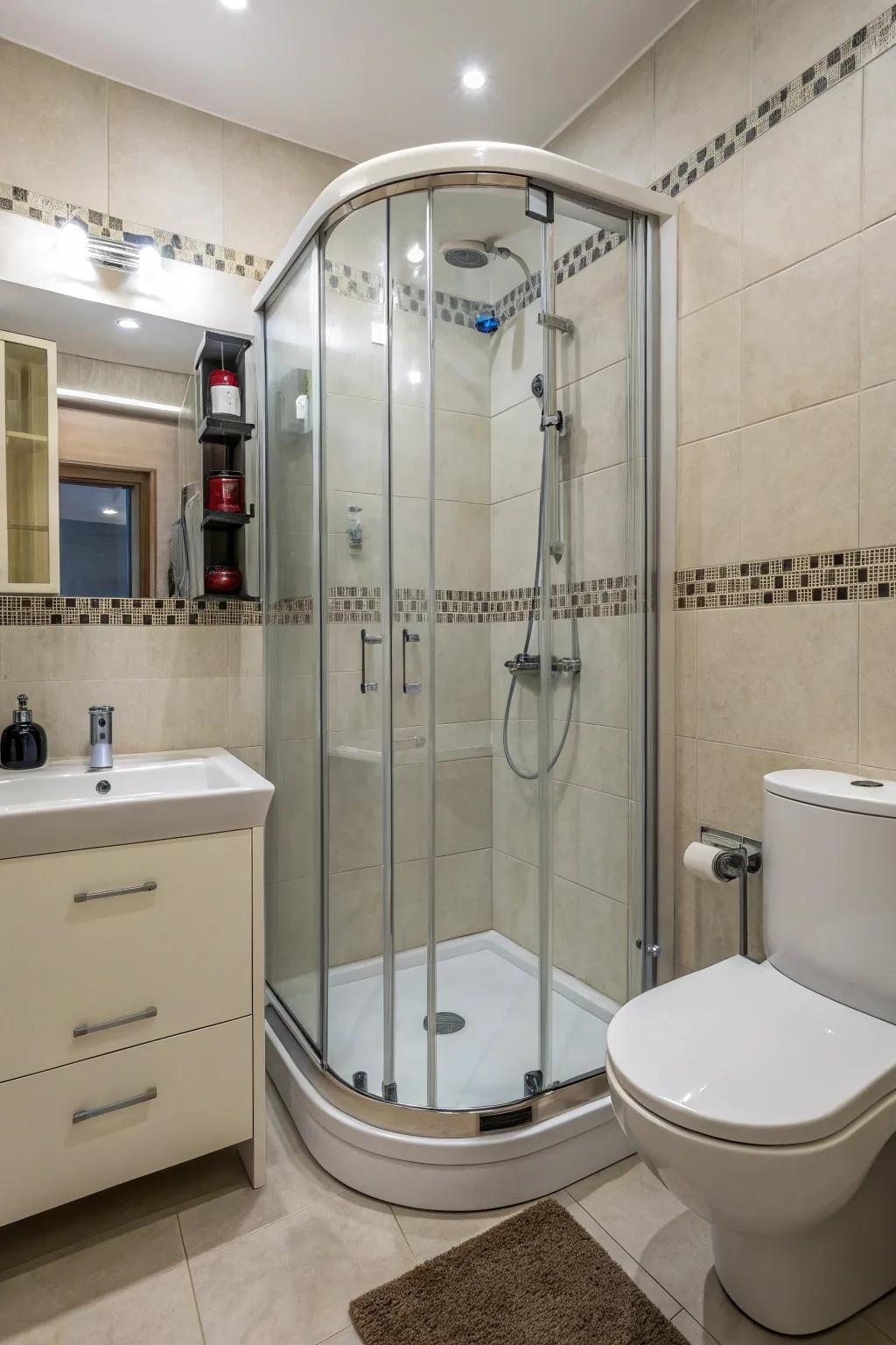 An angled shower makes efficient use of space in a small bathroom.