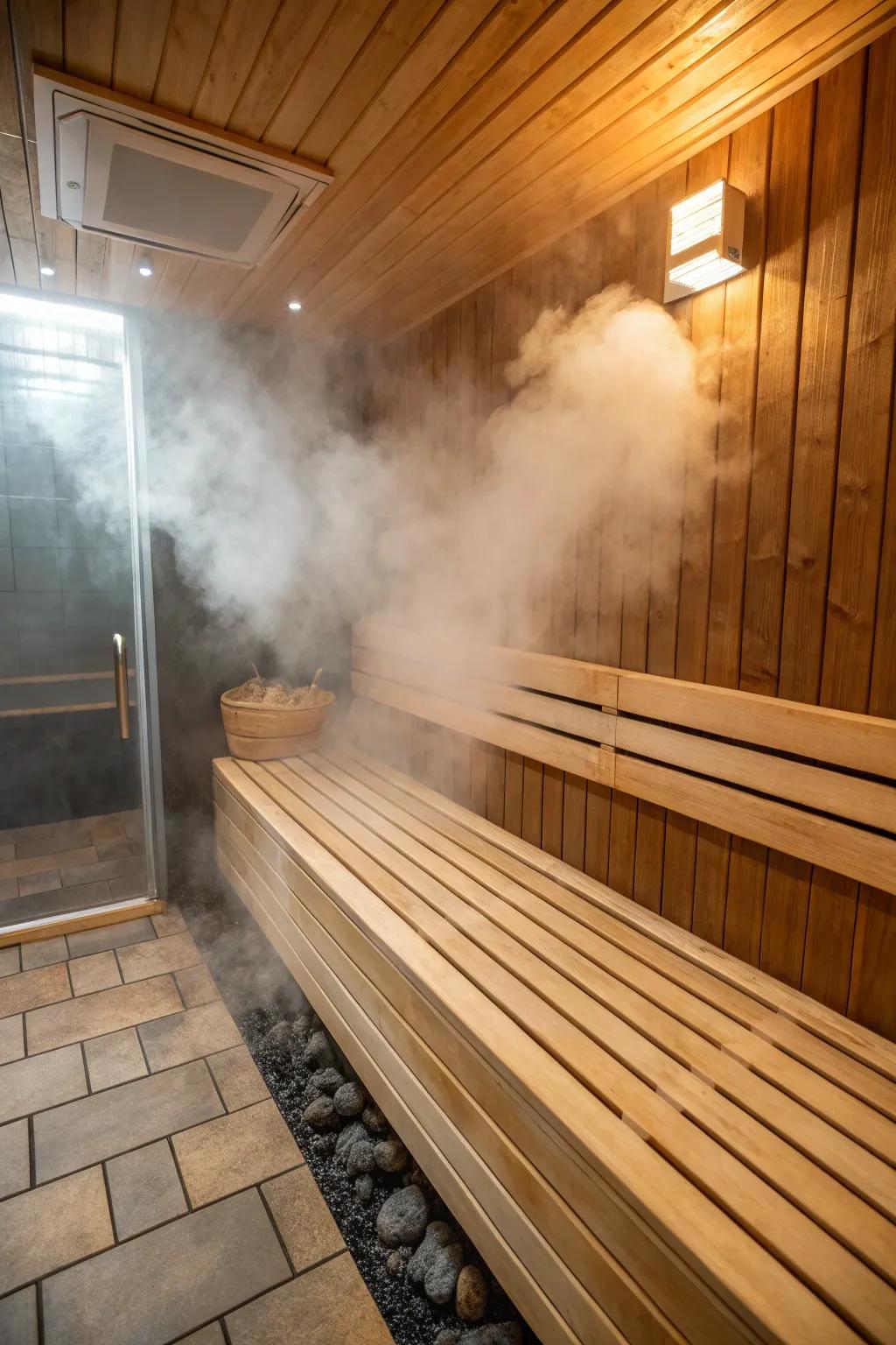 Incorporated seating enhances the levels of relaxation and convenience within personal steam rooms.