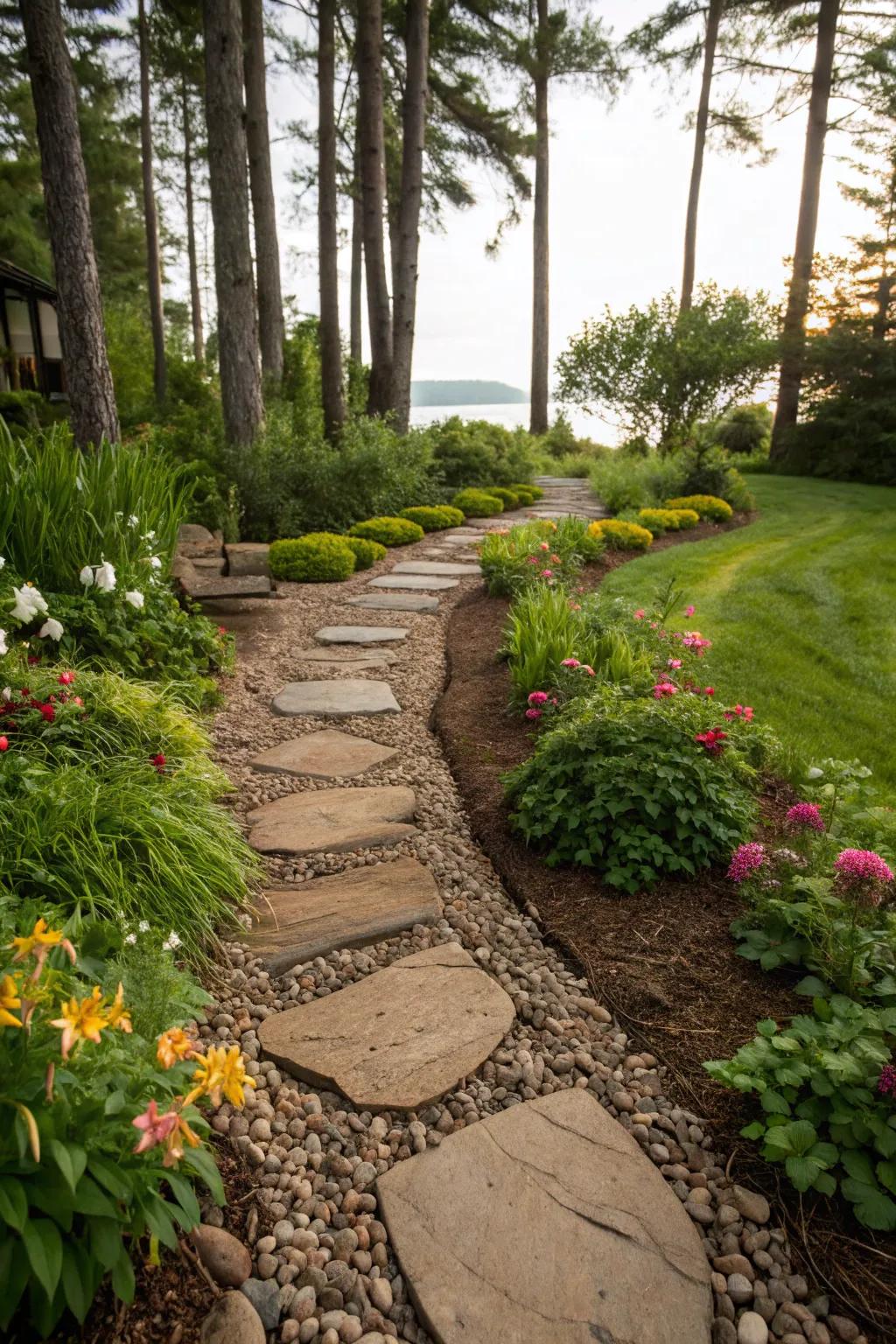 Design appealing pathways with a combination of pebbles and mulch.