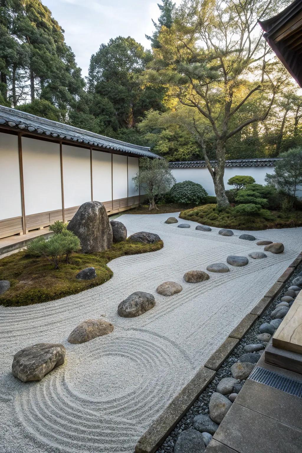 A peaceful Zen retreat featuring tranquil stony elements.