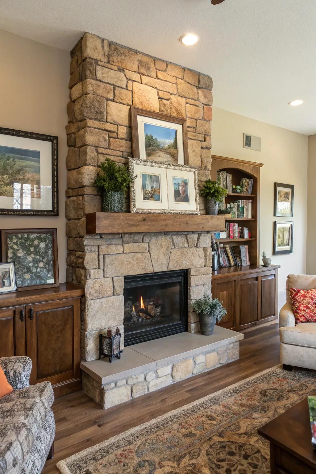 A family room showcasing a stone fireplace embellished with multilayered mantels for added dimension.