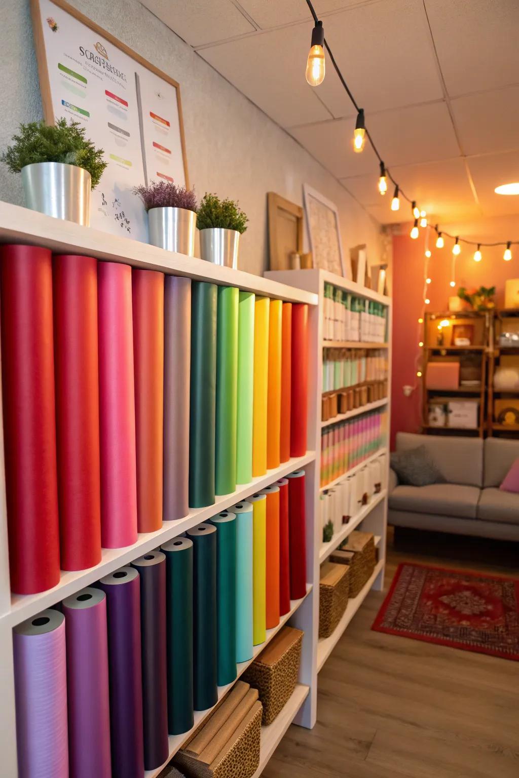 Systematic color arrangement simplifies the search for specific vinyl rolls.