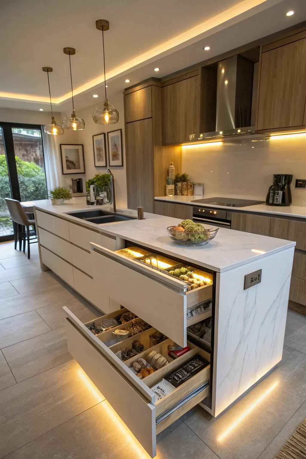 A modern kitchen island featuring discreet storage compartments, exemplifying innovative design.