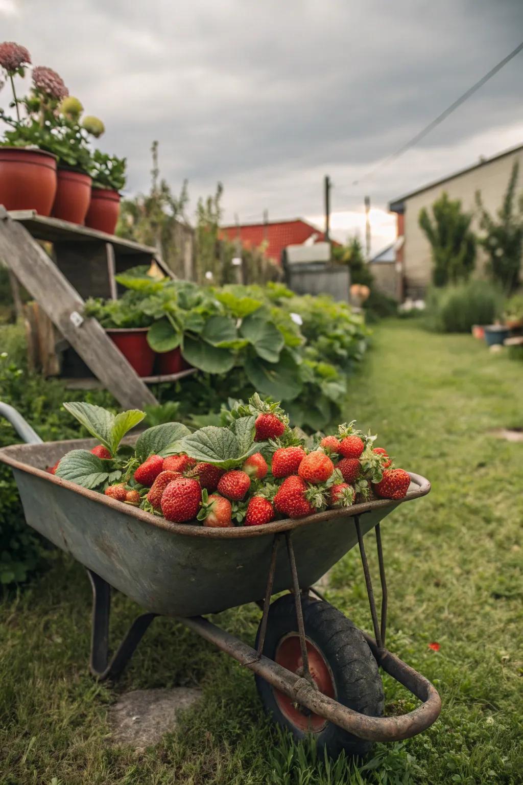 Strawberries flourishing in a repurposed handcart.